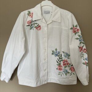 Alfred Dunner White Floral Beaded Jacket Women 16 Spring Summer Grannycore Twill